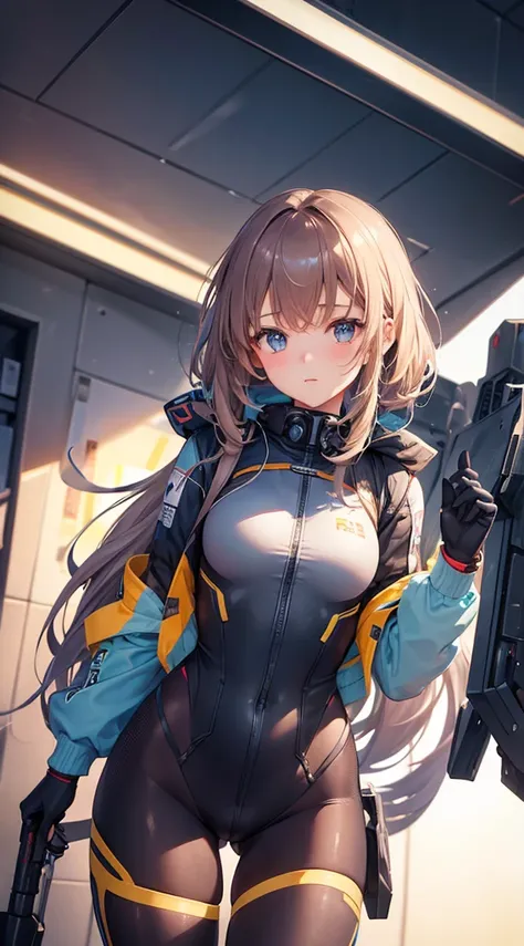 A girl in a tights with a mecha behind her。A girl in a tights standing in front of a mech。Close-up of girl&#39;s upper body，The background is a mecha。Girl standing in front of the mecha站在机甲前的女孩，Mech pilot，Rounded curves of the mecha，Mecha Background，Mechan...