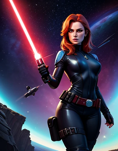 Subject: A photorealistic portrayal of Mara Jade, standing confidently in her sleek and deadly attire.
Attire: Mara Jade is wearing a tight black leather suit, fingerless gloves, silver utility belt, gun holsters, and high-heel boots.
Background: space, st...