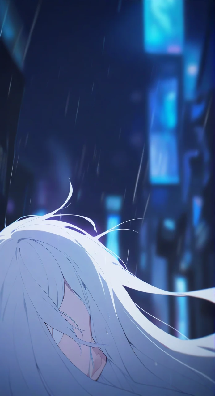 1girl,solo,look sky,cyberpunk background,rain,depth of field,blurry,close up,looking up,very long hair,white hair,glowing rain