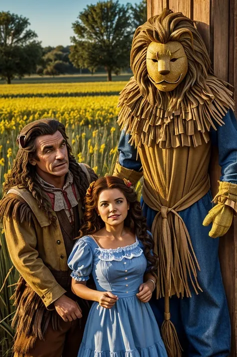 Dorothy junto al hombre de hojalata, the scarecrow and the cowardly lion.