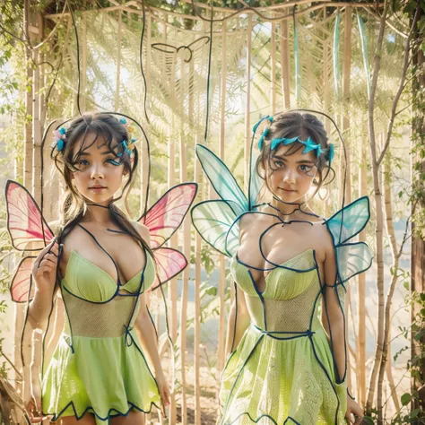 ((2 faeries girls, gorgeous, large firm push up breasts, faeries bra and dresses, downblues)), in bioluminescent forest plants,fabulous night forest,magical radiance,Concept art,depth of field,Raw photo,realistic,cinematic lighting,soft shadows,sharp focus...