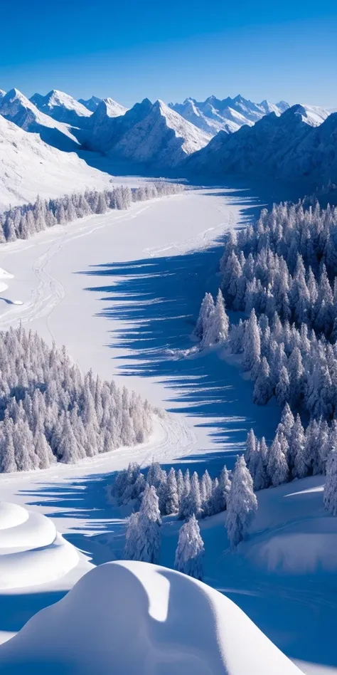 hight quality, masterpiece, 8k, Ice mountains, village aroug the ice mountain, ice, (small village), trees, gaint mountain, snow, sky,