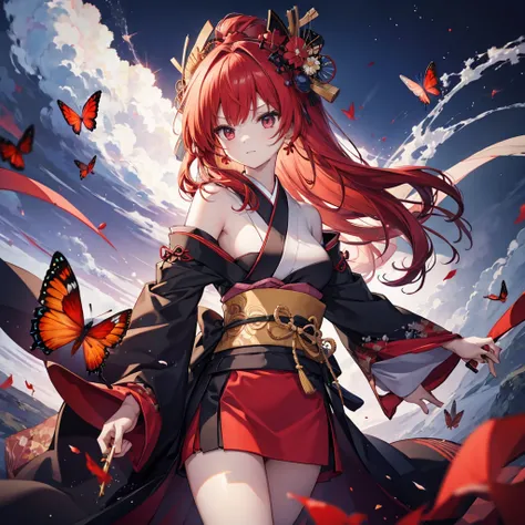 ((High resolution　Redhead　Long Hair　Black kimono　red band　Goddess of victory　Lonely　sorrow))　((Red butterfly　night　Japanese style　shoulder　old　Shining Aura　rain))　(dance　Blade of Darkness　Magic Sword　Swing down　Slashing)　moon　star　Draw your sword　Slashing　...