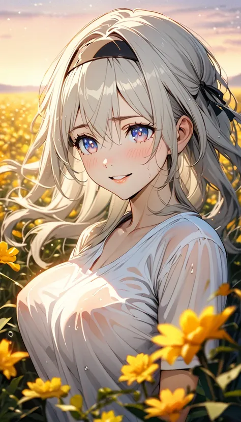 beautiful girl, long grey hair, beautiful face,smiling,close up to hips, beautiful breast, in the middle of flowers field, wearing wet shirts, (open mouth:0.4),illustration,detailed textures(realists),ultra-detailed,portrait style,vivid colors,soft lightin...