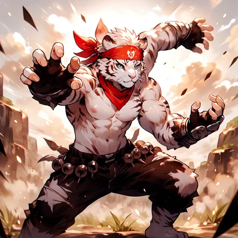 an athletic, muscular anthro white tiger wearing torn jeans and no shirt, wearing fingerless gloves, wearing a red bandana, in a...