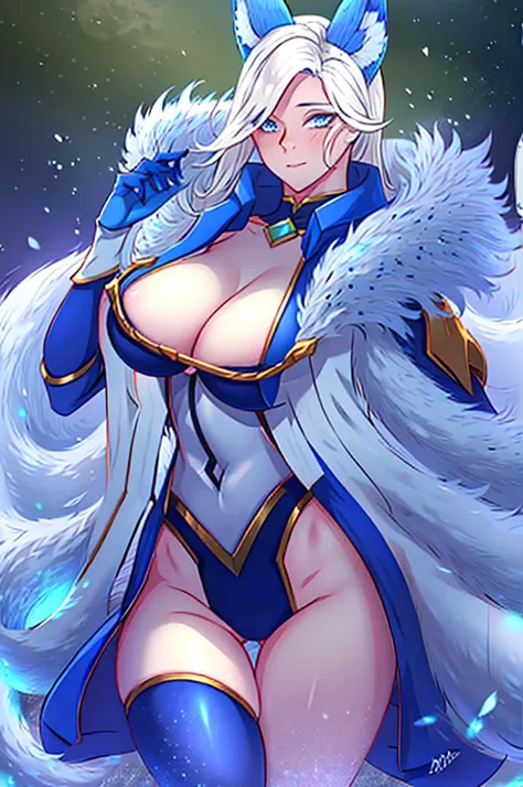 woman,blue eyes,Fox ears,White ears,Foxtail,9 tailed fox,white tail,chest larger than head,large chest area,big tits,Not wearing a veil,not wearing gloves,Empty hands,big ass,thick thighs,Barefoot,naked