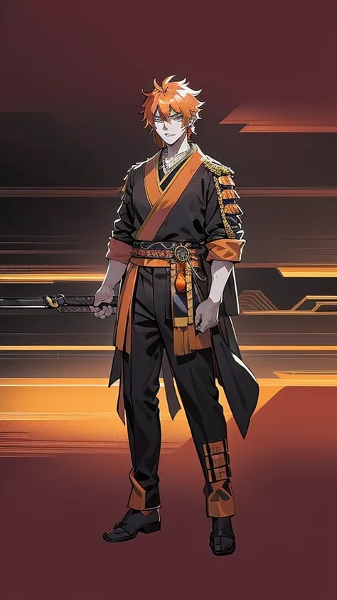 Kyojuro Rengoku, a flamboyant, orange-haired demon hunter. Standing tall in a black uniform with a white haori necklace. Sword at waist, calm yet firm expression. Fire raged around him. Train carriage background. Elegant samurai anime style.