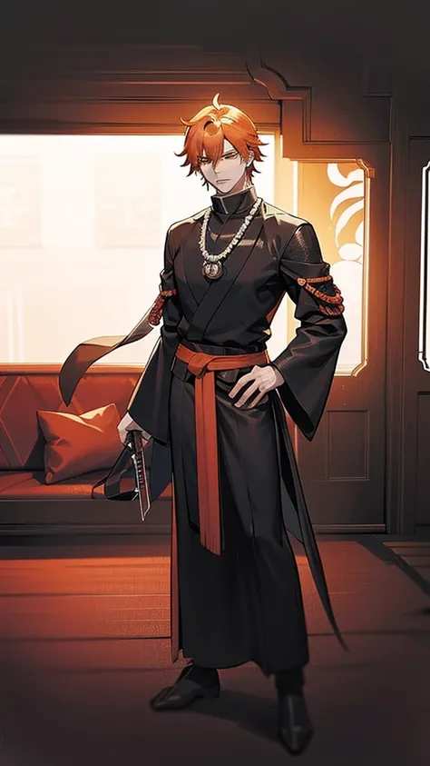 Kyojuro Rengoku, a flamboyant, orange-haired demon hunter. Standing tall in a black uniform with a white haori necklace. Sword at waist, calm yet firm expression. Fire raged around him. Train carriage background. Elegant samurai anime style.