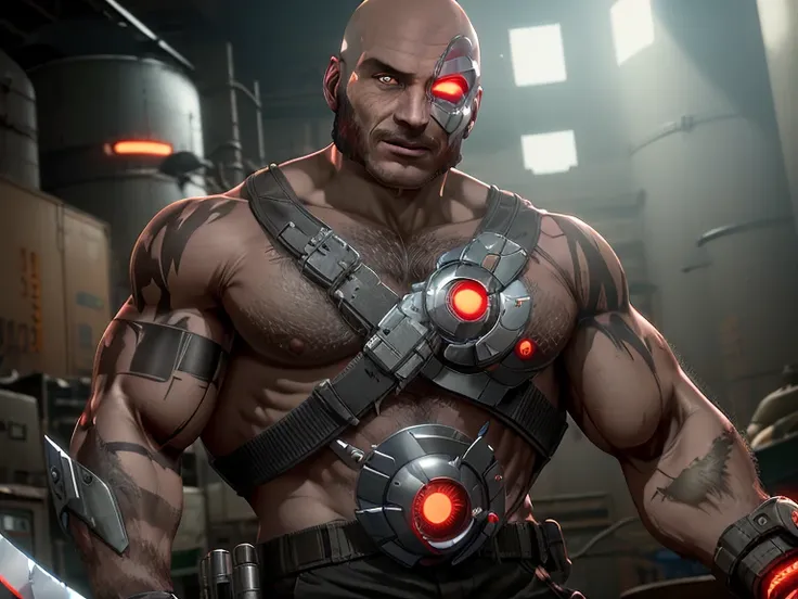 (kano), 1man , solo, cyborg, (right metal cybernetic eye), shirtless, bald, (reactor on the chest), hairy chest, tatoo on the le...