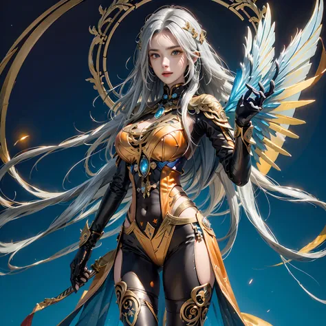 3D A berserker Mech brutal woman with a glowing large metallic ring above her head, with orange-tral yellow energy, large rainbow blade-wings on her back, and majestic colorful blade-wings on her back. She is holding an ornate fantasy weapon with a long, c...