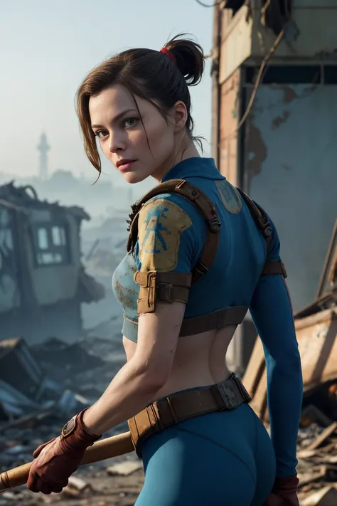 Cute and nerdy woman, (Michelle Pfeiffer:Gillian Jacobs:0.5), Brunette hair tied in a ponytail, Wearing the Open High Detail Blue Fallout 4 Vault Suit, A face with attention to detail, Skin with attention to detail, Seductive look, Perfect body, Perfect pr...