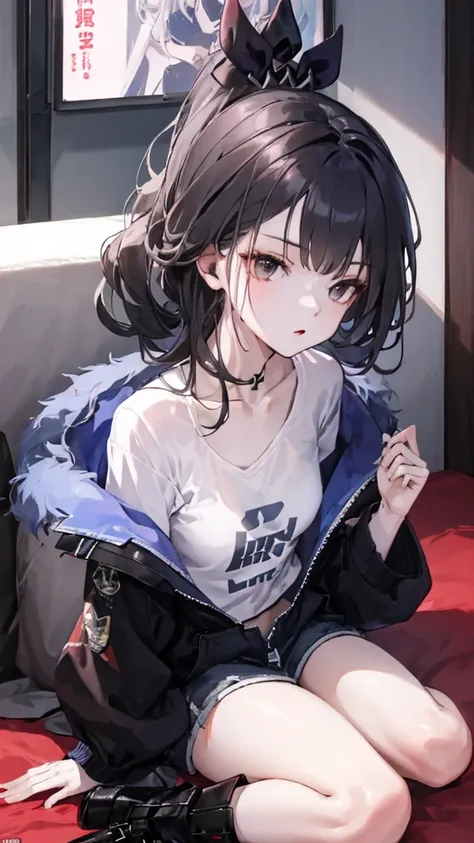 (((Love Hotels)))、 、Contempt、sit、
black and White Hoodie、Red and black hoodie、White Hoodie、Cross your legs、Black platform boots、(Foot Focus)、
Black Hair、Black Hairロング、Black eyes、masterpiece, best quality, Ultra-high resolution, Fluorescent Color,, 1 girl, ...