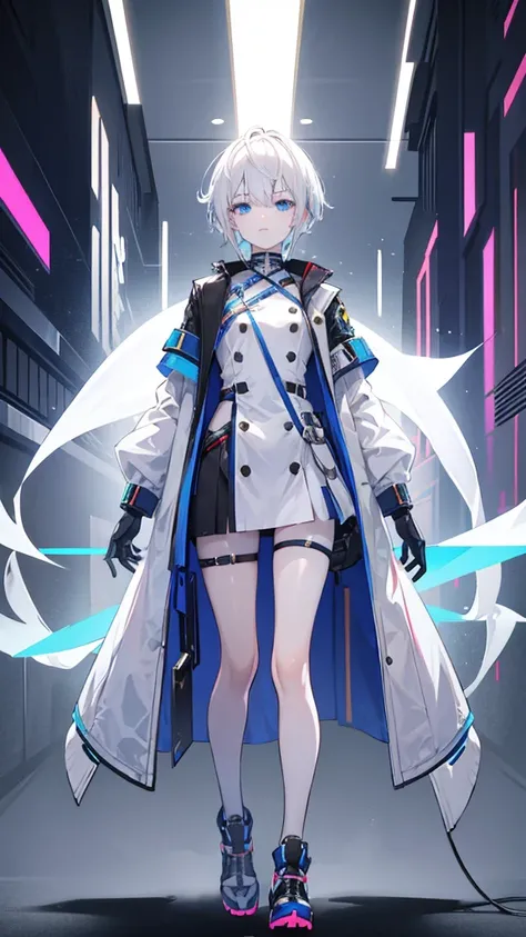 masterpiece, standing picture, VTuber, cyberpunk costume, androgynous, girl, white hair, bobbed hair, natural short, light blue eyes, short height, pure white skin, light pigment, ghost, highest quality