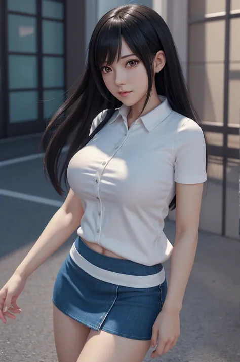 High Quality, 4K, In Frame, Close Up Portrait of Black Hair Woman in White Shirt and Light Blue Skirt, big boobs, Photorealistic Anime Girl Render, Cute 3D Anime Girl Render, April Rendering, Anime VTuber Full Body Model, Full Body Xianxia, Live2D Virtual ...