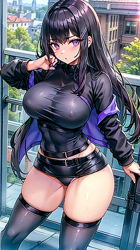 1990s, (masterpiece), high-definition, detailed face, cute girl, perfect body, (big tits: 1.4) big hips, round ass, (black hair with dark purple highlights: 1.4), (tight grey t-shirt: 1.4), (black jacket: 1.4), (purple tight skirt: 1.3), belt, (black thong...