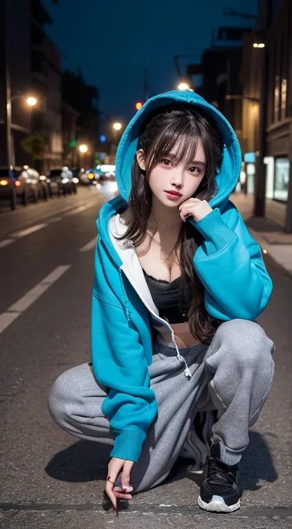 An innocent 16-year-old girl、((Street fashion,Wearing an oversized hoodie in random colors,Wear baggy trousers,Dramatic Pose)),Cute face,Bright Eyes,Tear bags,A shy smile,Shortcuts,Urban Background,RAW Photos, (8k、Highest quality、masterpiece:1.2)、(Intricat...