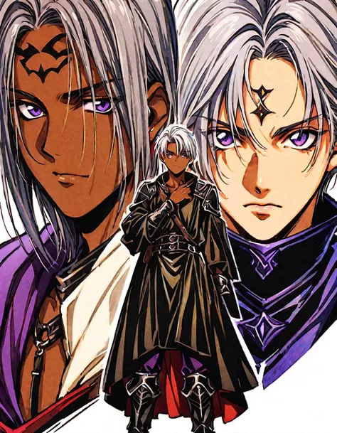 ((Highest quality)), ((masterpiece)), (((White Background))),male,(20th Generation),(Fantasy Costume),(youth),Character portrait,Gray Hair,((Front view)),(Character details),Purple Eyes,Brown skin,Eye on forehead,alone,Are standing,(Black Armor),Silver Hai...