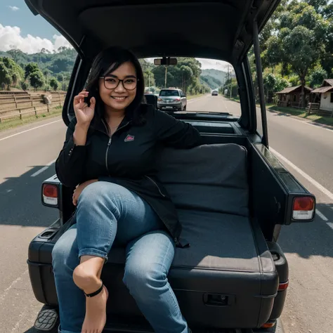 full body, landscape, realistic Indonesian, slightly fat man wearing black glasses a black jacket aged 25 years, woman aged 27 years, wearing jeans, black jacket, sitting in a truck with a load of luggage, mattresses, etc., background on a village highway,...