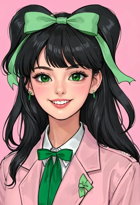 1 Girl,Artist Name,Bangs,Black Hair,blush,bow,Shut up,collared shirt,slope,slope background,green bow,Green Eyes,green Ribbon,Teramano,Hair accessories,hair Ribbon,Hairpin,jacket,Lips,Long hair,Looking at the audience,Pink background,portrait,Ribbon,shirt,...