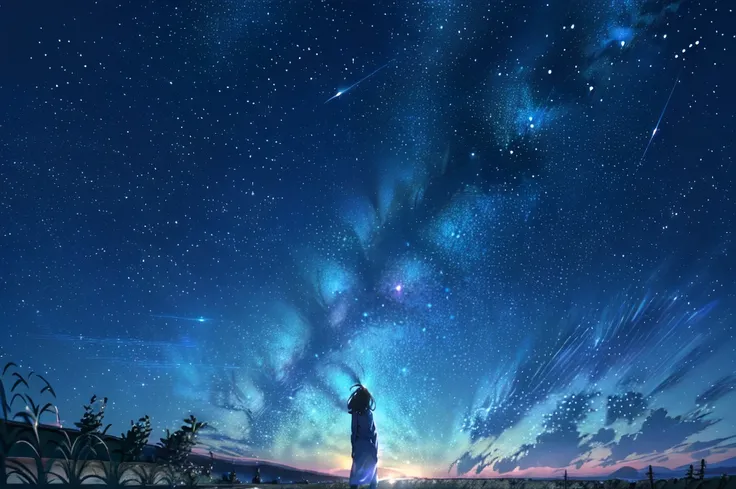 starry night sky with a person standing on a hill looking at the stars, cosmic skies. by makoto shinkai, star(sky) starry_sky, a...