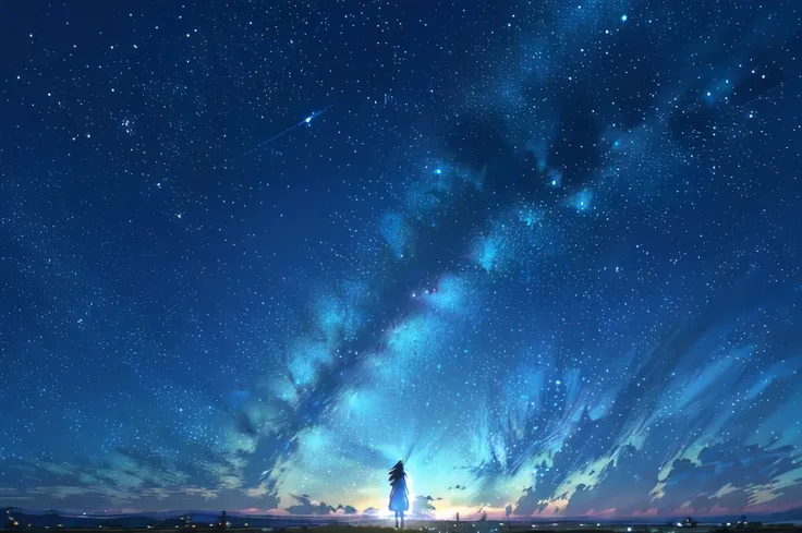 starry night sky with a person standing on a hill looking at the stars, cosmic skies. by makoto shinkai, star(sky) starry_sky, a...