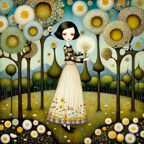 Patchwork by Klimt, Nicoletta Ceccoli, Naoto Hattori, Lawrence Didier, Leonora Carrington of European Woman with short black hair and a long, wide skirt collects flowers  from small trees. Kites, white dandelion flowers. 
