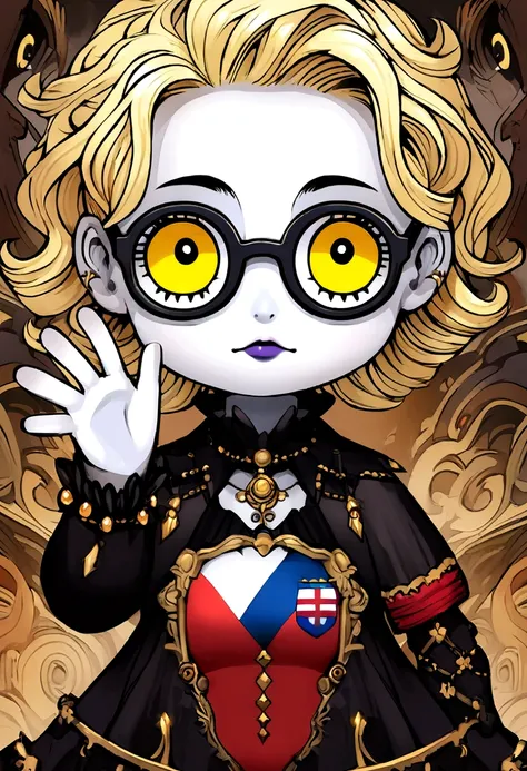 Beautiful gothic doll man with glasses, waving a Croatia flag, bright neon yellow big eyes, white skin, short blond hair, digital painting in fantasy art style --ar 3:4 --v 6.0