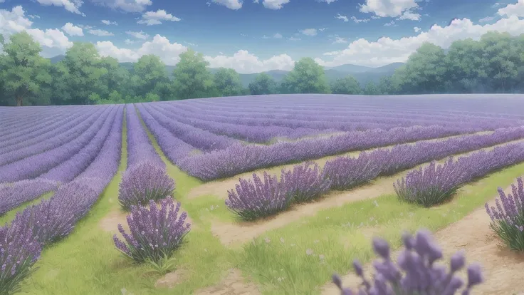 The scenery: forest, green fields, nice, blue sky, heart-pattern clouds, lavender flowers.