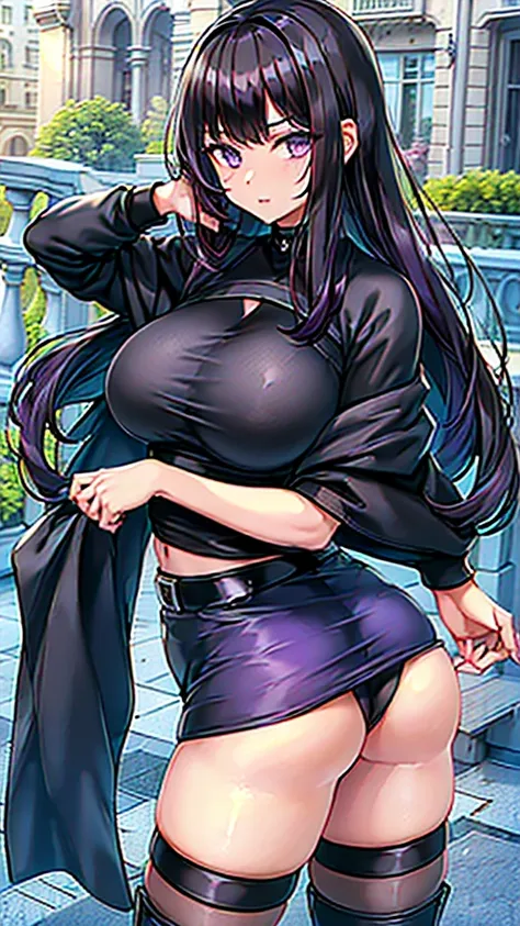 1990s, (masterpiece), high-definition, detailed face, cute girl, perfect body, (big tits: 1.4) big hips, round ass, (black hair with dark purple highlights: 1.4), (tight grey t-shirt: 1.4), (black jacket: 1.4), (purple tight skirt: 1.3), belt, (black thong...