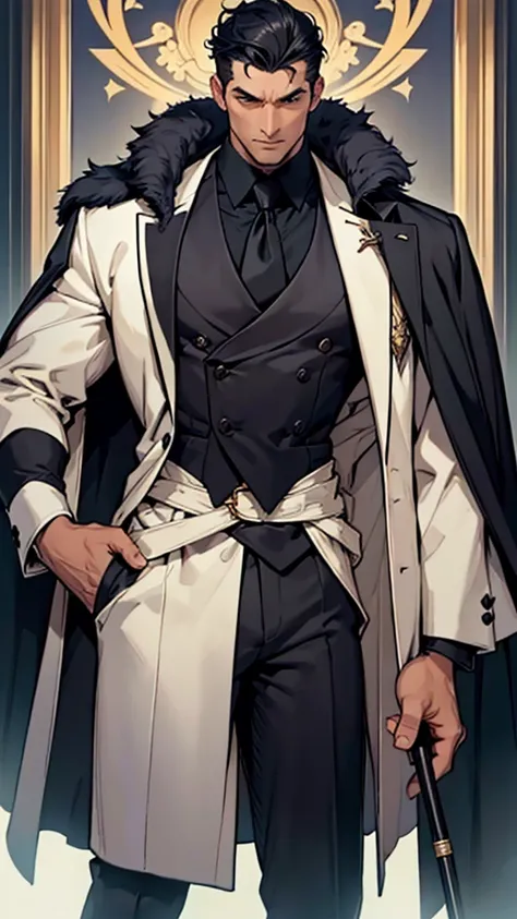 Big body, Man

1. Attire.
   - The figure is wearing a white double-breasted suit with a dark tie and a vest underneath. The suit is adorned with several buttons, and the overall appearance is very sharp and formal.
   - Over the suit, the figure has a lar...