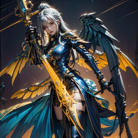 3D A berserker Mech brutal woman with a glowing large metallic ring above her head, with orange-tral yellow energy, large rainbow blade-wings on her back, and majestic colorful blade-wings on her back. She is holding an ornate fantasy weapon with a long, c...