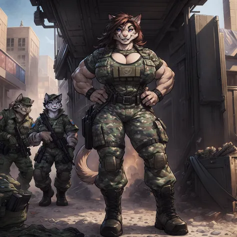 solo, 1girl, feline, cat girl, female, buff, muscular, huge breasts, highly detailed eyes, amazon, wearing camouflage_uniform, (...