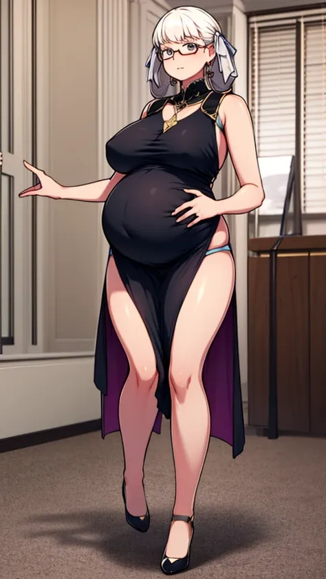 (Full body, glasses), An image of a pregnant girl with her belly on full display. She is a very voluptuous lady