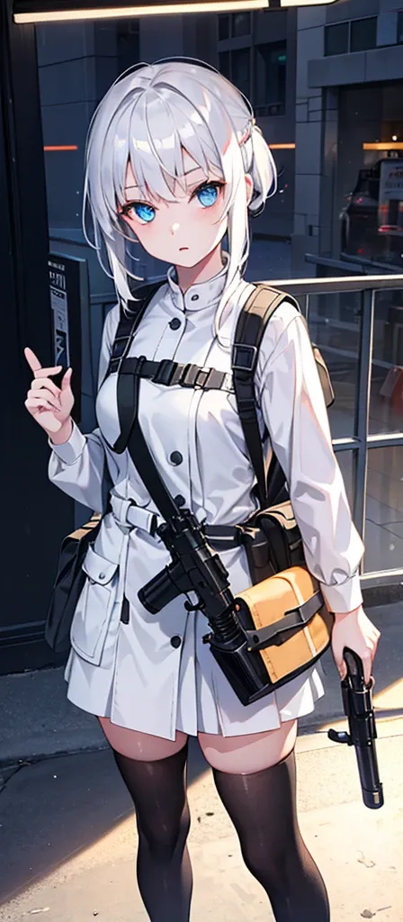 a beautiful young girl with medium-sized br easts, white hair, wearing a backpack,cinematic lighting, pho torealistic, extremely detailed, 8k, high resol ution, best quality, masterpiece，Holding a gun，Blue Eyes