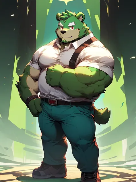 masterpiece, high quality, anime, detailed eyes, male jinpei, anthro, bear, Great physique, strong arms manly, (((green bear))), (((green fur))), green hair, beard, white eyebrows, bald, detailed red eyes, tall, Joyful, by zixiong, epic composition, Realis...