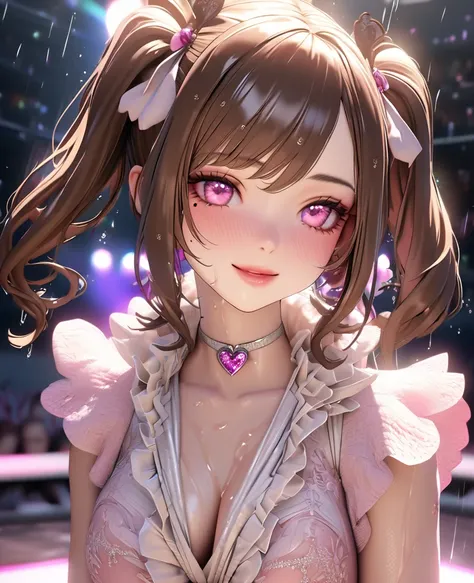 one girl, staring at the audience, beautiful pink eyes, brown hair in short twin tails, mole under eye, plump glossy lips, heart shaped choker, idol, her name is Mei, smiling, . . . 3D, realistic, idols costume was drenched in heavy rain, her chest was wet...