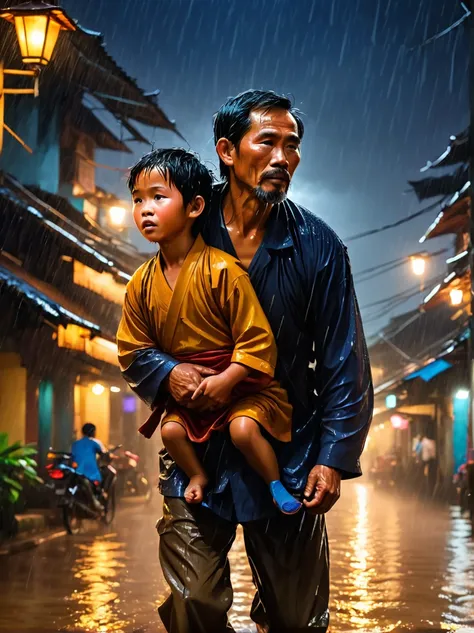 an emotional portrait capturing the essence of a father carrying his ailing  on his back, journeying through the stormy night an...