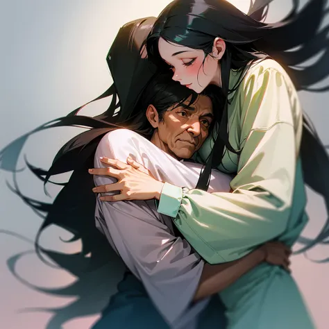 A young woman with long black hair, 18 years old, embracing a slightly elderly man in his 60s