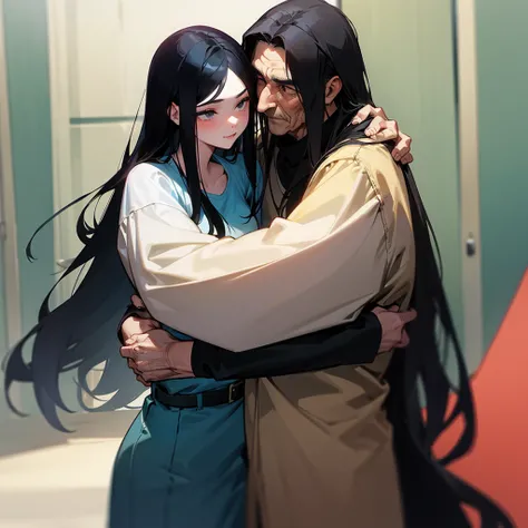 A young woman with long black hair, 18 years old, embracing a slightly elderly man in his 60s