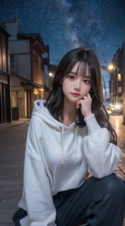 An innocent 16-year-old girl、((Wearing an oversized hoodie in random colors,Wear baggy trousers,Dramatic Pose)),Cute face,Bright Eyes,Tear bags,A shy smile,Long Hair,RAW Photos, (8k、Highest quality、masterpiece:1.2)、(Intricate details:1.4)、(Realistic:1.4)、O...