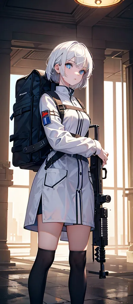 a beautiful young girl with medium-sized br easts, white hair, wearing a backpack,cinematic lighting, pho torealistic, extremely detailed, 8k, high resol ution, best quality, masterpiece，Holding a gun，Blue Eyes，Sci-fi style