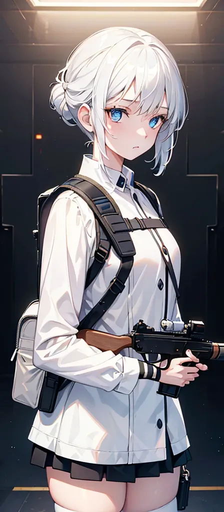 a beautiful young girl with medium-sized br easts, white hair, wearing a backpack,cinematic lighting, pho torealistic, extremely detailed, 8k, high resol ution, best quality, masterpiece，Holding a gun，Blue Eyes，Sci-fi style