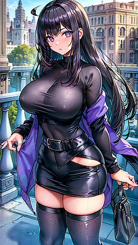 1990s, (masterpiece), high-definition, detailed face, cute girl, perfect body, (big tits: 1.4) big hips, round ass, (black hair with dark purple highlights: 1.4), (tight grey t-shirt: 1.4), (black jacket: 1.4), (purple tight skirt: 1.3), belt, (black thong...