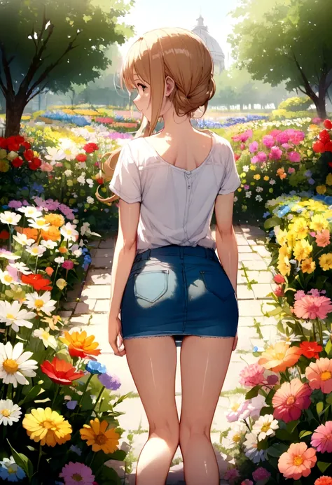 white fart, denim skirt, a nice leg line, back, shot, white shirt, flower garden 