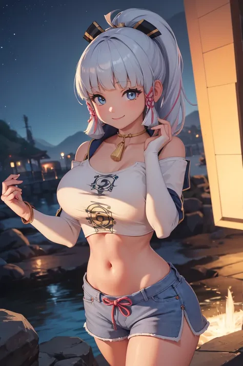 Masterpiece, high quality, 8k, ultra detail, ((kamisatoayakarnd)) standing, night,outdoors, (crop top), navel, (shorts), (off shoulders:1), choker, smile, armpit, (large breast), (nude arm)