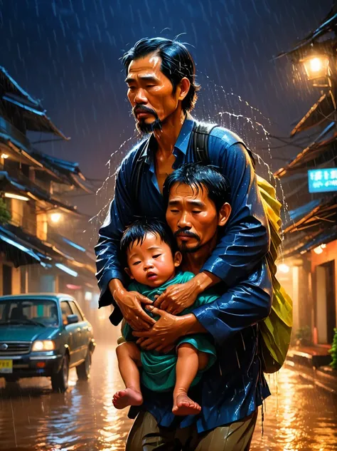 An emotional portrait capturing the essence of a father carrying his ailing  on his back, journeying through the stormy night and pouring rain. The bond between them is palpable in the midst of adversity, showcasing the strength, love, and determination of...