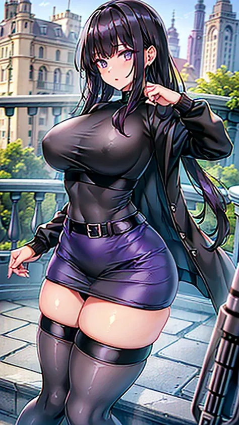 1990s, (masterpiece), high-definition, detailed face, cute girl, perfect body, (big tits: 1.4) big hips, round ass, (black hair with dark purple highlights: 1.4), (tight grey t-shirt: 1.4), (black jacket: 1.4), (purple tight skirt: 1.3), belt, (black thong...