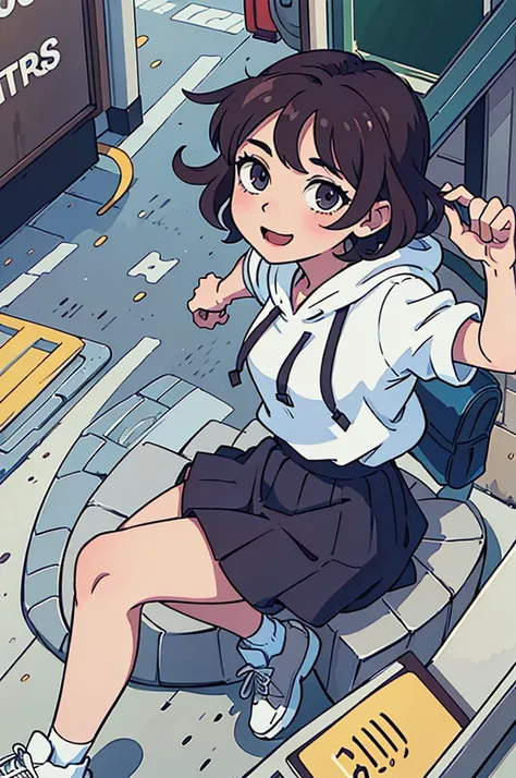 (Highest quality:0.8) Perfect anime illustration, cute, Happy  with short curly brown hair on a city street, Wearing a hoodie, skirt