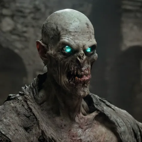 (masterpiece)+, (extremely (realistic)+,a portrait of an extremely ugly tomb ghoul, rotting, decaying, damaged, Aquamarine glowing eyes, open mouth full of sharp teeth, Angry hungry stare. Looking at camera. volumetrics dtx, Photorealistic, ultra detailed,...