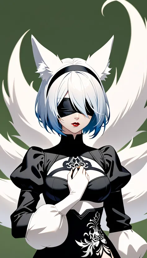 One girl, Wow, (Blindfold), chest, chestの谷間, chestの谷間 cutout, Dress cutout, Green background, Hair between the eyes, head band, High resolution, Juliet Sleeve, Long sleeve, Nier (series), Nier automata, Fluffy sleeves, Red lips, Shadow Face, short hair, al...